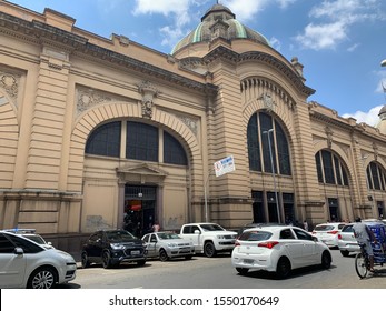 Sao Paulo, Brazil, November 9, 2019: Sao Paulo Municipal Market Facade, "Mercadão", an important historical and architectural building, houses booths specialized in wholesale and retail trade.