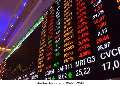 Sao Paulo, Brazil - Oct 26, 2021 - Display with stock market prices at the B3 modern visitor center, the São Paulo Stock Exchange, Brazil