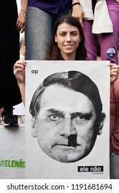 SAO PAULO, BRAZIL - SEPT 29th, 2018: Thousands of people took to the streets and marched  Saying 'Not Him' to Leading Brazil Candidate Jair Bolsonaro.