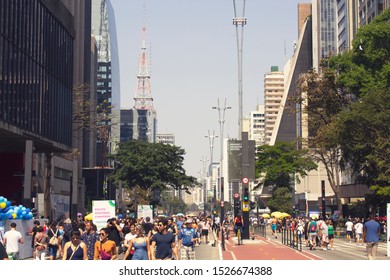 Sao Paulo, Brazil - September 15, 2019: People Having Fun On Paulista Avenue, Closed To Cars On Sundays And Holidays.