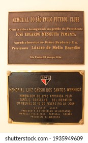 Sao Paulo, Brazil, September 19, 2017. Plaques Commemorating The Former President Of Sao Paulo José Eduardo Mesquita Pimenta And Luiz Cássio Dos Santos Werneck Inside Morumbi Stadium. Ilustrative.