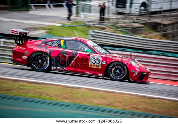 Sao Paulo\
November 23, 2018\
\
Car in action\
during the final stage of the 2018 Brazilian Porsche GT3 Cup\
championship at Interlagos circuit. The race in doubles was 500 km\
long, with almost 4 hours.