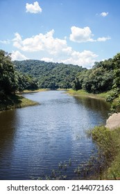 SAO PAULO, SP, BRAZIL - DECEMBER 26, 2021: Vertical section of the Engordador dam in the Cantareira State Park, Engordador Nucleus.