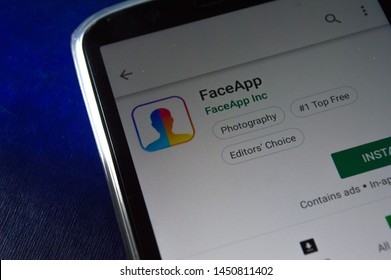 SAO PAULO, SP, BRAZIL - JULY 14, 2019 - FaceApp (portrait editor) for download showned on Play Store app for Android smartphone. Mobile device technology concept