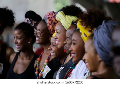 Sao Paulo, SP / Brazil - July 25, 2017: Group Of Women Smile As They Pose For A Photo During A March To Mark The International Afro Latin American And Afro Caribbean Women's Day.