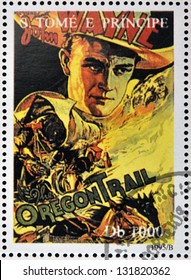SAO TOME AND PRINCIPE - CIRCA 1995: A stamp printed in Sao Tome shows movie poster The Oregon Trail, circa 1995