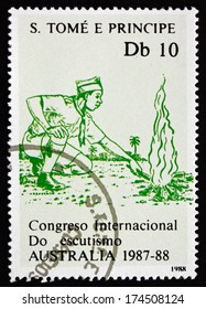 SAO TOME AND PRINIPE - CIRCA 1988: A Stamp Printed In Sao Tome And Principe Shows Campfire, International Boy Scout Jamboree, Australia, Circa 1988