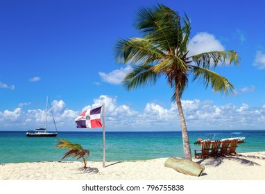 Saona Island Beach And Dominican Republic Flag