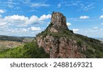 Saone et Loire,France,25-05-2024: , Solutre Pouilly, the rock of Solutre and vineyard fall in france near macon, high rock that people can climb