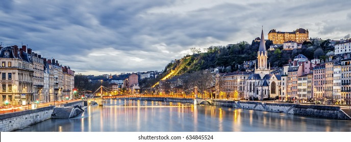 Saone river in Lyon city at evening,  France