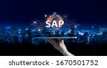 SAP - Business process automation software and management software (SAP). ERP enterprise resources planning system concept on virtual screen.