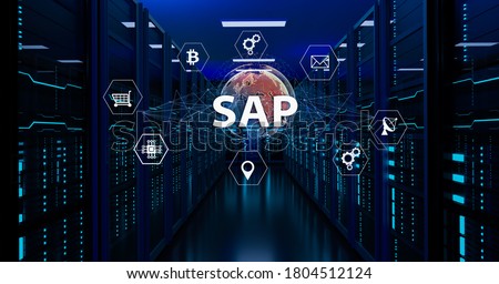 SAP - Business process automation software and management software (SAP). ERP enterprise resources planning system concept on virtual screen.