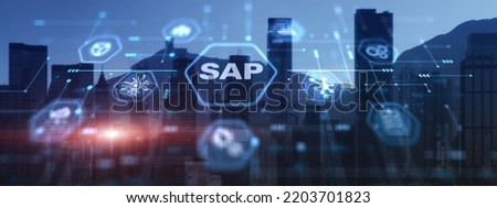 SAP - Business process automation software and management software on city background