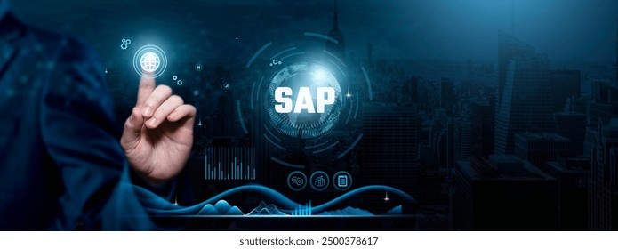 SAP, Enterprise Solutions, Streamlined Operations, Businessman touch SAP-related Icon on the global network cyberspace, technology, and innovation concept.
