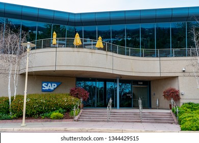 SAP Labs Office Exterior And SAP Logo On SAP Corporate Office Building In Silicon Valley - Palo Alto, California, USA - March 19, 2019