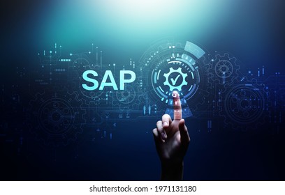 SAP Software Business Process Automation. ERP Enterprise Resource Planning System On Virtual Screen.