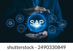 SAP System Application Products. Business process automation and management software concept. A businessman presents SAP related technology icons, business process automation, and management solutions