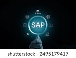 SAP, System Application Products, Business Process Automation and Management Software concept. icons business process automation and management software, including gears, charts, and cloud computing.