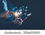 SAP System Application Products. Business process automation and management software concept. Businessman presents SAP related technology icons, business process automation, and management solutions.