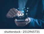 SAP System Application Products. Business process automation and management software concept. Businessman presents SAP related technology icons, business process automation, and management solutions.