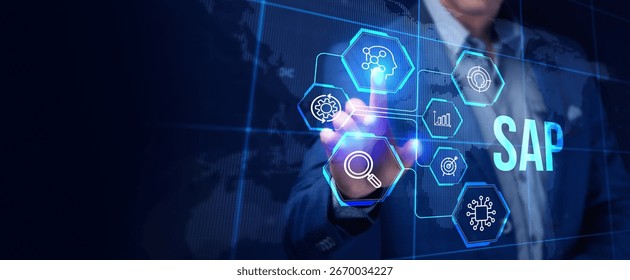 SAP System Software Automation concept on virtual screen data center. Business, modern technology, internet and networking concept.
