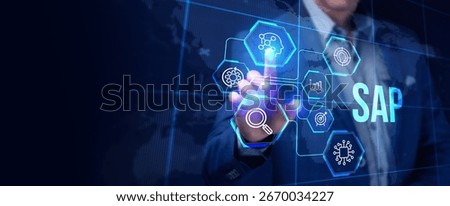 SAP System Software Automation concept on virtual screen data center. Business, modern technology, internet and networking concept.