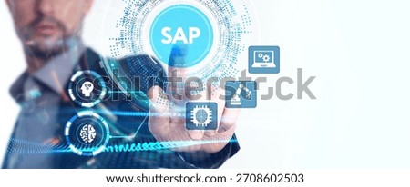 SAP System Software Automation concept on virtual screen data center. Business, modern technology, internet and networking concept.