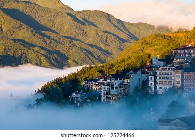 Sapa Valley City In The Mist In The Morning, Vietnam