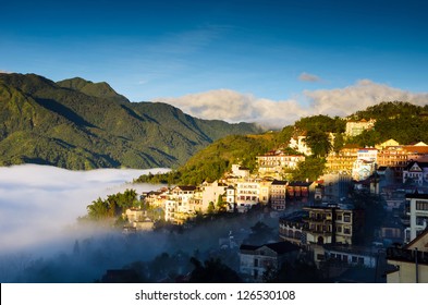 Sapa Valley City In The Mist In The Morning, Vietnam