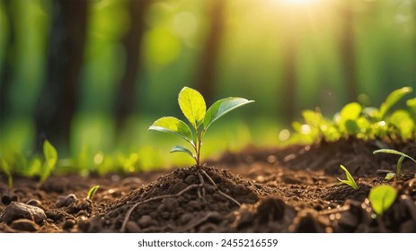 A sapling growing in the middle of the forest.