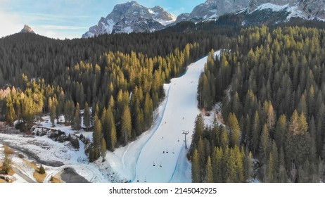 Sappada Ski Trail Aerial View In Winter Season, Italian Alps.