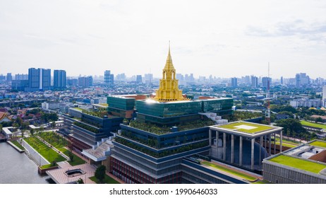 Sappaya Sapasathan (The Parliament Of Thailand). Government Office, Aerial View National Assembly With Golden Pagoda On The Chao Phraya River In Bangkok