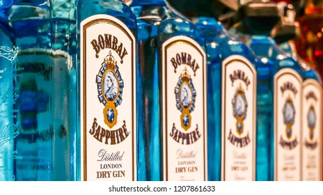 Sapphire Bombay Blue Gin for Gin and Tonic Cocktail Bottles Row for Sale in a Shop in Milan,Italy-October 2018