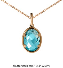 Sapphire Pendant On Gold Chain Isolated On White