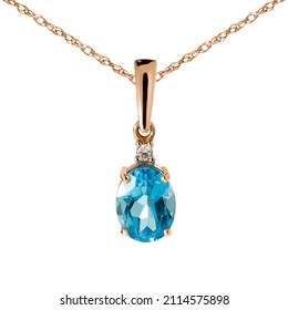 Sapphire Pendant On Gold Chain Isolated On White