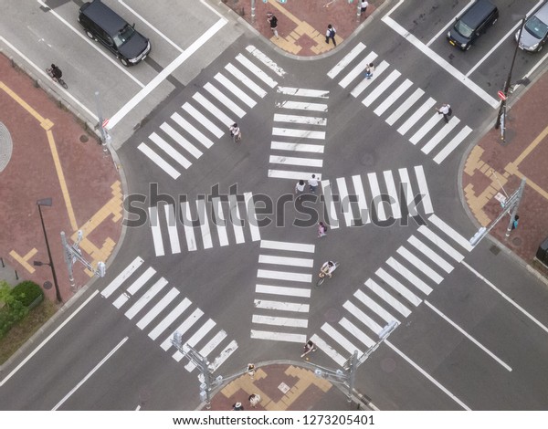 Sapporo, Hokkaido, Japan - August 2015: Aerial view\
of Japanese crosswalk (pedestrian crossing) with people, bikers and\
cars crossing, view from above (from the Sapporo TV tower\
observation deck)