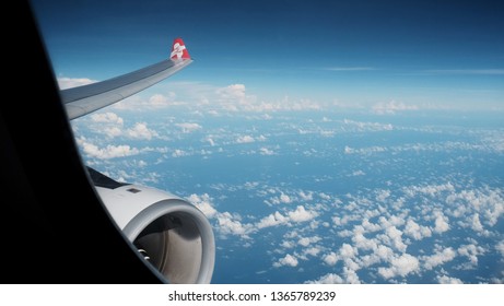 Sapporo, Japan - January 5, 2018: Window View Of Airplane Airasia X From Sapporo To Kuala Lumpur.