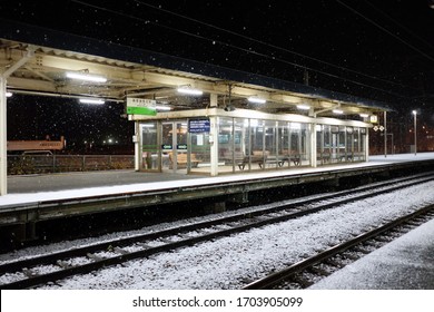 SAPPORO, JAPAN - NOVEMBER 16, 2019: Snow Falling At Minami Chitose Station Where Is Railway Station In Hokkaido, Japan That Operated By Hokkaido Railway Company.