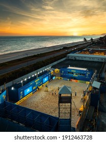 SAQUAREMA - RJ, BRAZIL - January, 21st 2021 - Aerial View From Brazilian Beach Volleyball Arena On Sunset.