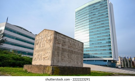 Sarajevo, BiH, November 2022: The Building Of The Parliamentary Assembly In Sarajevo, BiH. Council Of Ministers Of Bosnia And Herzegovina. Stecak Monument.