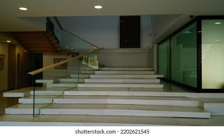 SARAJEVO, BOSNIA AND HERCEGOVINA, 15.9.2022: Interior In City Business Building, Modern Office Interior Stairs And Fences Made Of Glass.