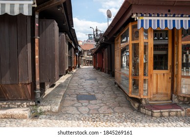 Sarajevo / Bosnia And Herzegovina - 10.03.2020: Empty Street With Closed Shops In Sarajevo Tourist Hotspot