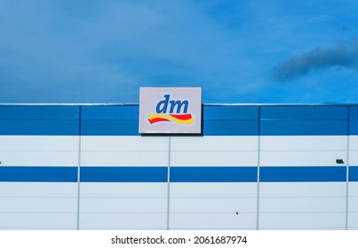 Sarajevo, Bosnia And Herzegovina - 10.22.2021: Sign Logo Of DM Store. DM-Drogerie Markt Is A Chain Of Retail Stores. Selling Cosmetics, Healthcare Products And Healthy Food.