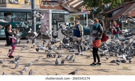 Sarajevo, Bosnia and Herzegovina 27 october, 2021: People and pigeons in baščaršija, Sarajevo old town.