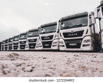 Sarajevo, Bosnia And Herzegovina - 31st December 2018: Brand New Trucks Parked Covered By Snow.