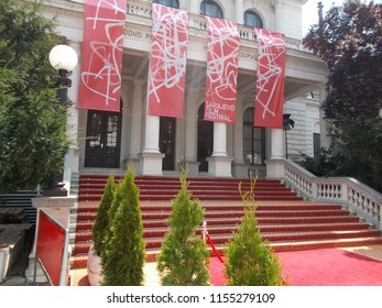 Sarajevo, Bosnia And Herzegovina, 8/12/2018: Flags Of Sarajevo Film Festival On National Theatre