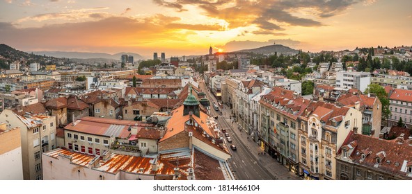 Sarajevo, Bosnia and Herzegovina - August 28, 2019: Panorama cityscape of Sarajevo city center at sunset, Bosnia and Herzegovina