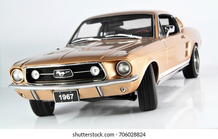SARAJEVO, BOSNIA AND HERZEGOVINA - AUGUST 30, 2017 : Ford Mustang GT390 year 1967, die cast model car isolated on white background.