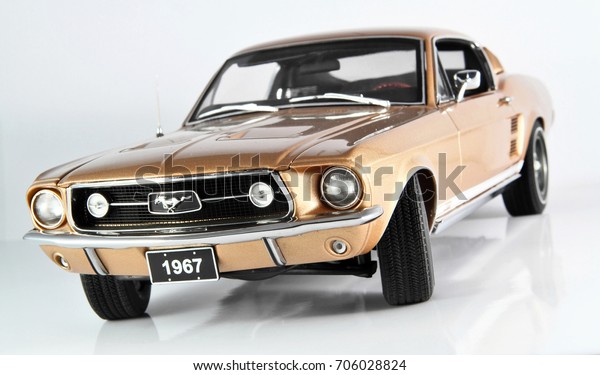 SARAJEVO, BOSNIA AND HERZEGOVINA - AUGUST 30,\
2017 : Ford Mustang GT390 year 1967, die cast model car isolated on\
white background.