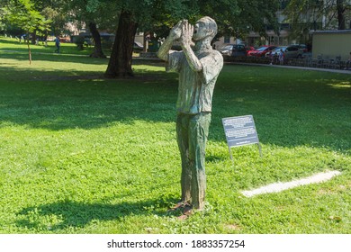 SARAJEVO, BOSNIA AND HERZEGOVINA - CIRCA JULY 2018: Statue Nermine Dodi At Veliki Park. The Father Calls His Son To Surrender And Nothing Would Happen To Him In Srebrenica. Both Found In A Mass Grave.